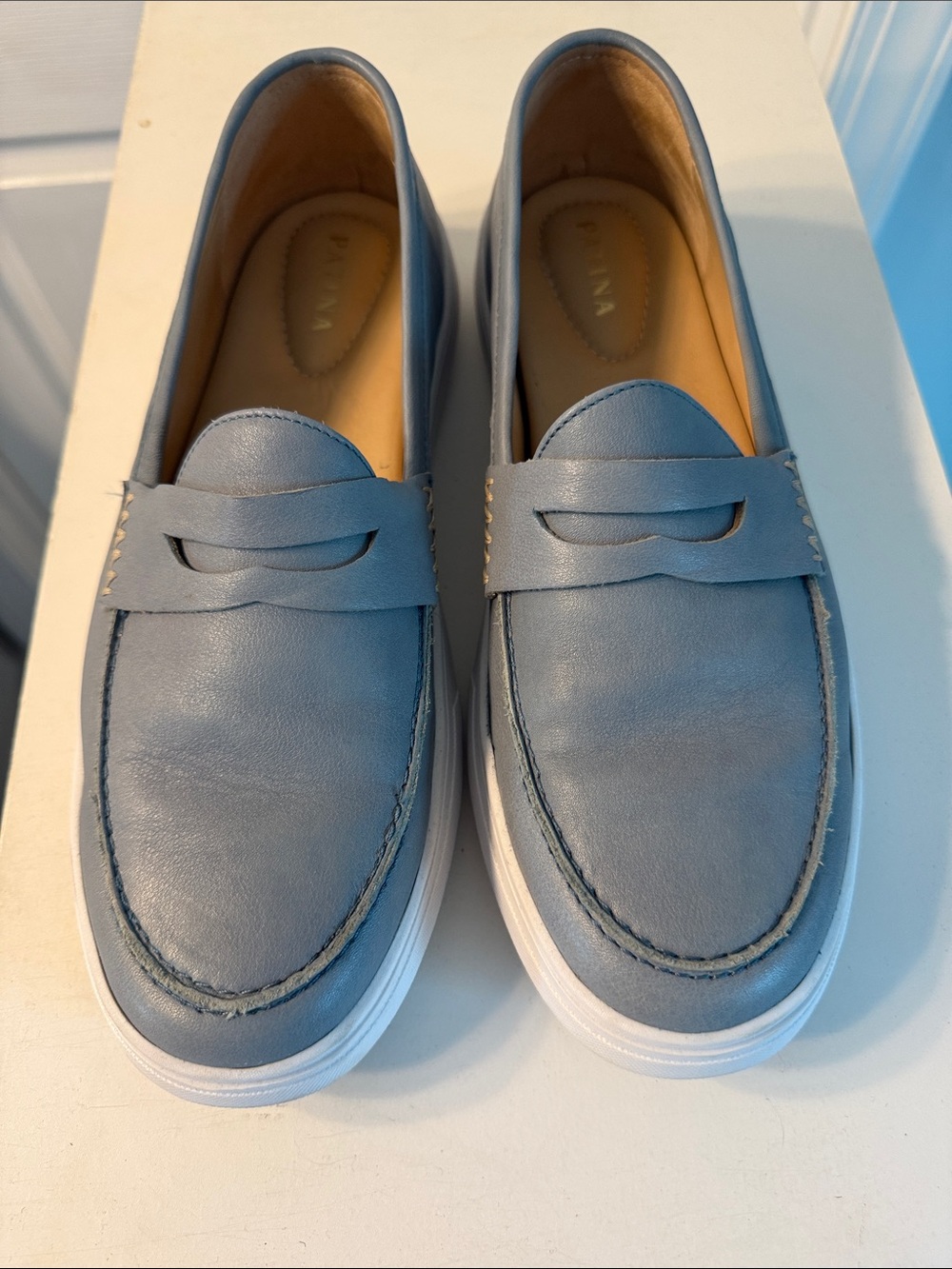 Portland Leather Powder Blue Penny Loafers with White Sole
